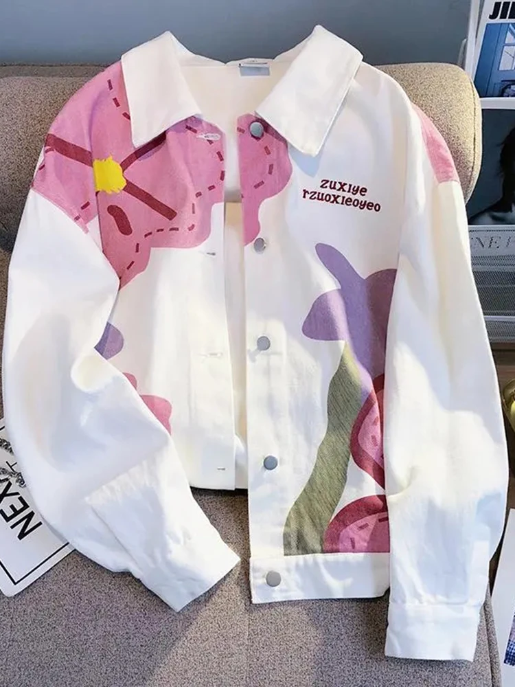 Jmprs Harajuku Women Denim Jacket Loose Bf Print Floral Designed Jeans Coats New Spring White Y2K Female Outwear