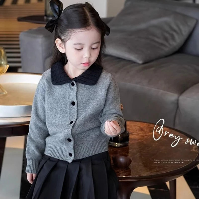 1-11Years Kids Cardigan Sweater for Girls Turn Down Collar Sweater Jackets Toddler Baby Button Outwear Coat in Gray 4 5 6 7 8 9