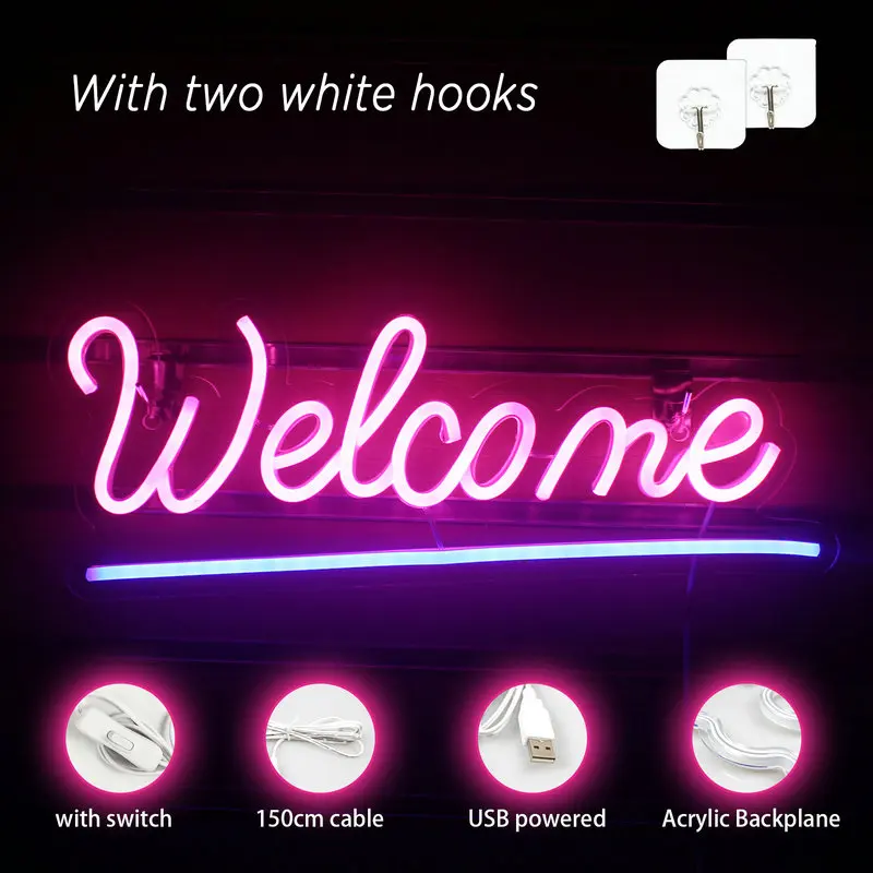 Welcome Neon Sign LED Room Wall Decor, Alimentado por USB, Acrílico Pendurado com Interruptor, Janela da loja, Vidro, Loja, Bar, Salão, Café