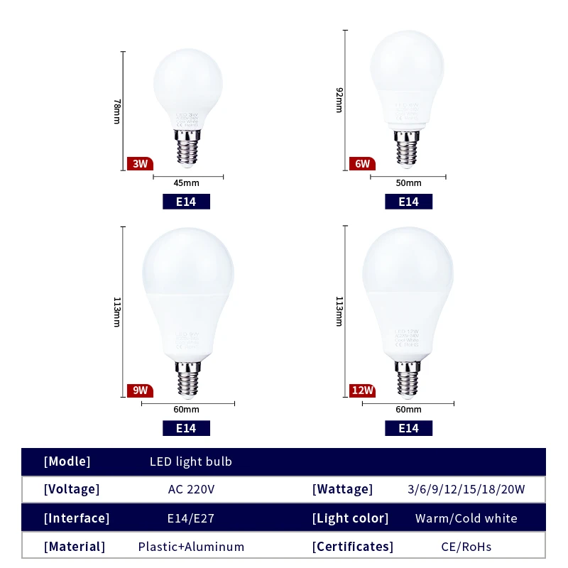 Bombilla LED E27 E14, 3W, 6W, 9W, 12W, 15W, 18W, 20W, CA 220V-240V, lote de 2 unidades