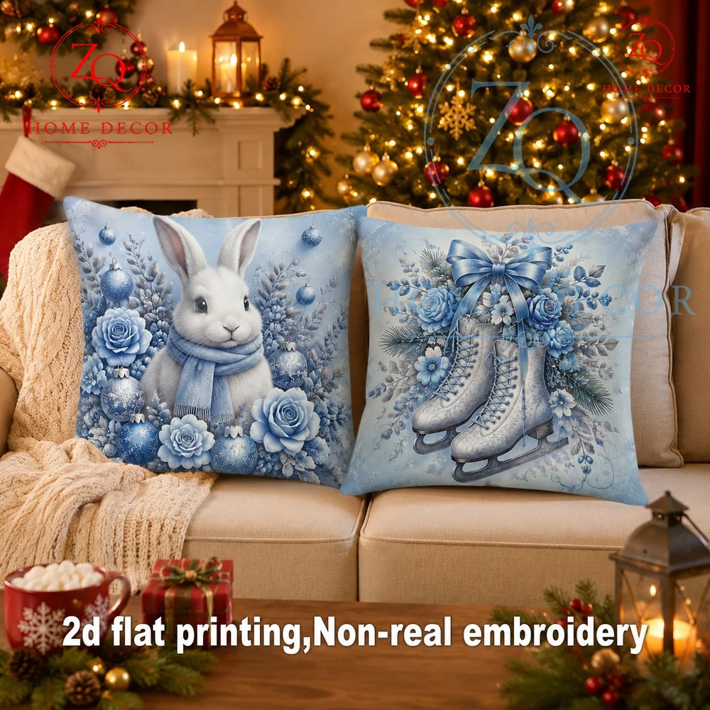 Elegant icy blue holiday cushion cover with cute scarf-clad rabbit rose  bauble decor perfect  winter porch seasonal decor