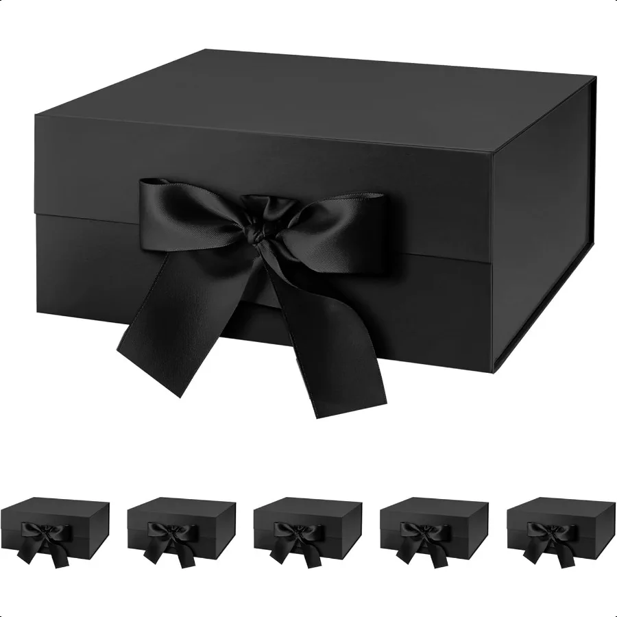 

6 Gift Boxes with Ribbon 9x6.5x3.8 Inches Black Boxes for Gifts Groomsmen Proposal Boxes for Mother's Day Father's Day Collapsi