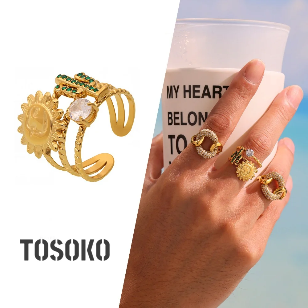 TOSOKO Stainless Steel Jewelry Vintage Abstract Smiling Face Sun Ring With Cactus Inlaid Zircon And Open Ring A733