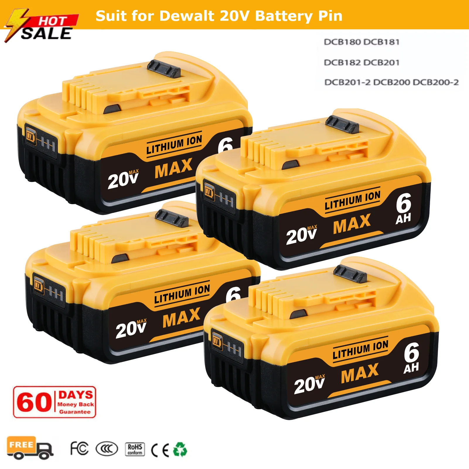 

НОВЫЙ 1/2/4 шт. DCB200 6,0 Ач, замена штифта литий-ионного аккумулятора Dewalt 20 В, совместимая с электроинструментами DCB204 DCB203 DCB205 DCB206 20 В
