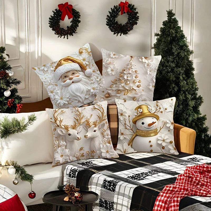 White & Gold Christmas Throw Pillow Covers, 2D Printed Santa Deer Snowman Tree Cushion Cases for Xmas Decor