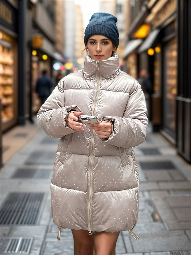 Oversize Woman Puffer Jacket 2024 Brilliant Diamond Midi Length Padded Insulated Stand Collar Fashionable Casual Padded Clothes