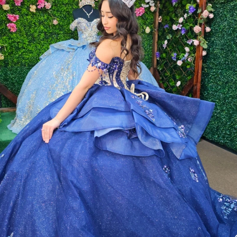 Navy Blue Shiny Quinceanera Dresses Off The Shoulder Applique Lace Beading Crystal Tull Party Birthday Sweet 16 Dress Vestidos