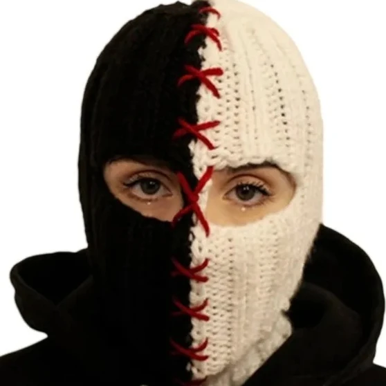 Terrifying Ghost Knitted Winter Balaclava Bucket Hat Full-Head Halloween Cosplay Black and White Stitching Balaclava