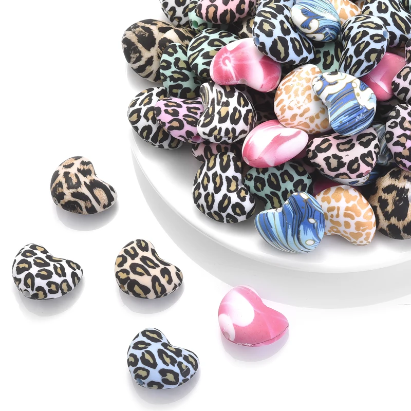 10Pcs Mini Heart Shape Silicone Teething Beads Leopard Print Teether Loose Bead DIY Jewelry Making Baby Pacifier Chain Accessory