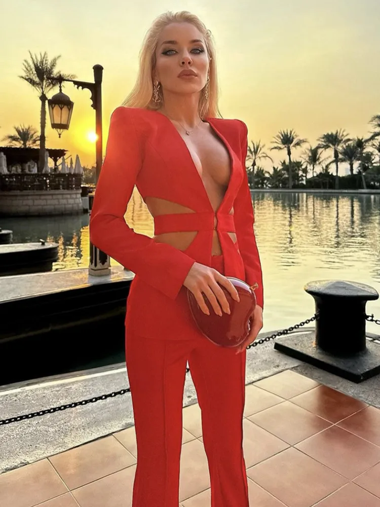 Women Winter Sexy Long Sleeve Hollow Out Red Two Piece Set 2023 Celebrity Designer Fashion High Street Pants Suit