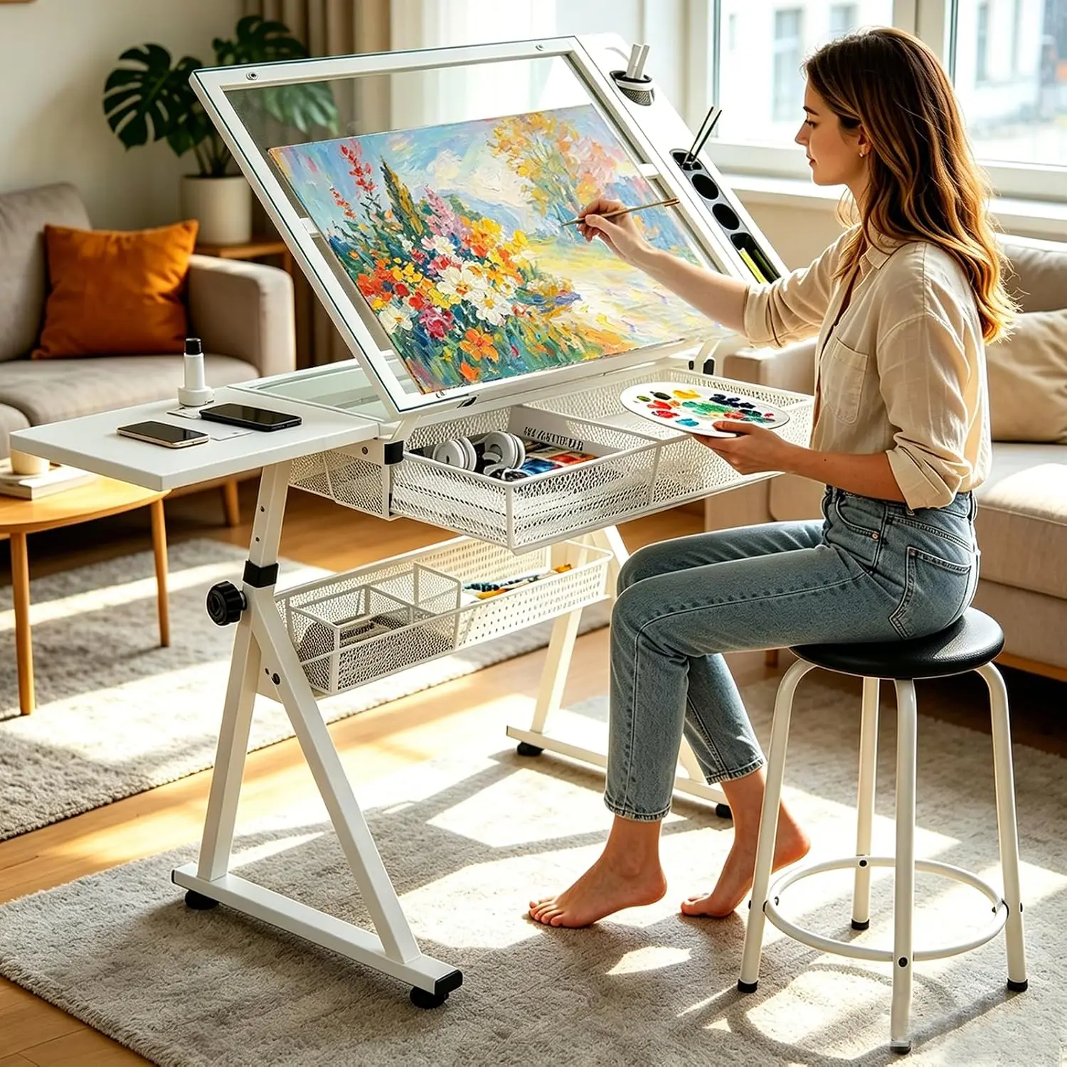 Height Adjustable Glass White Drafting Table with 2 Storage Drawers & Stool