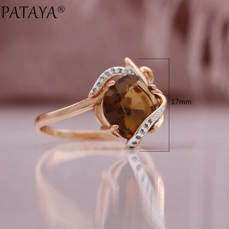 PATAYA Hot Fashion Light Brown Natural Zircon Ring Earring for Women Simple 585 Rose Gold Color High Quality Daily Jewelry Sets