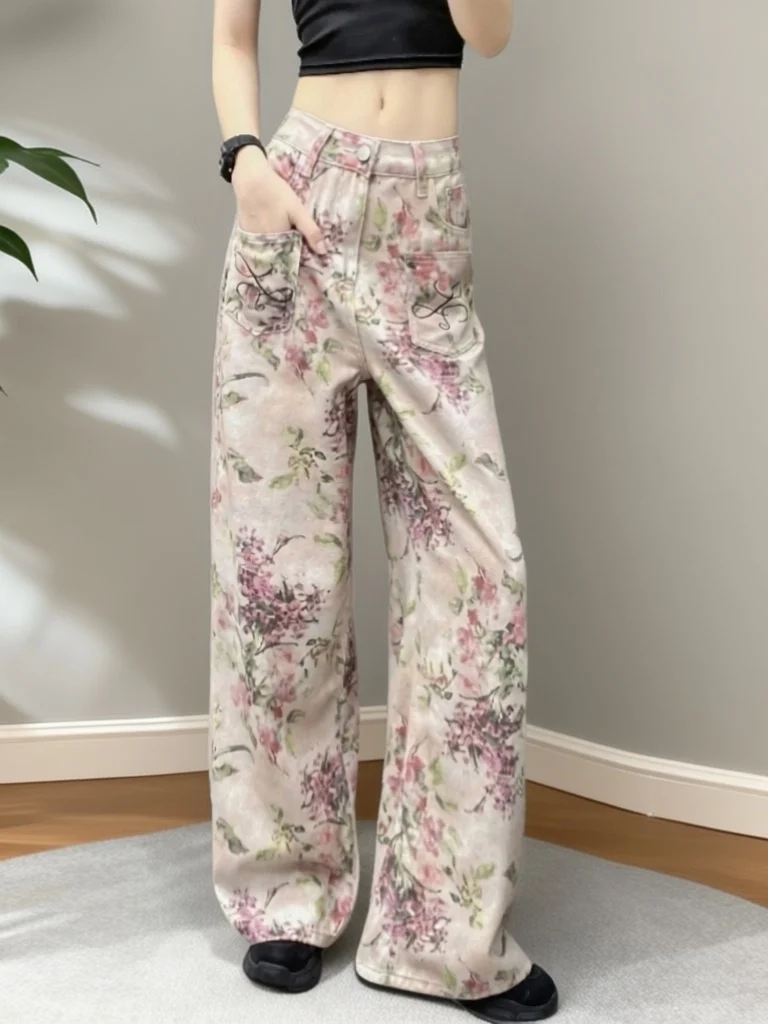 

Spring High Waist Loose Fit Slimming Denim Wide Leg Pants Women's Casual Fashion Print Floor-Length Trousers Street Style