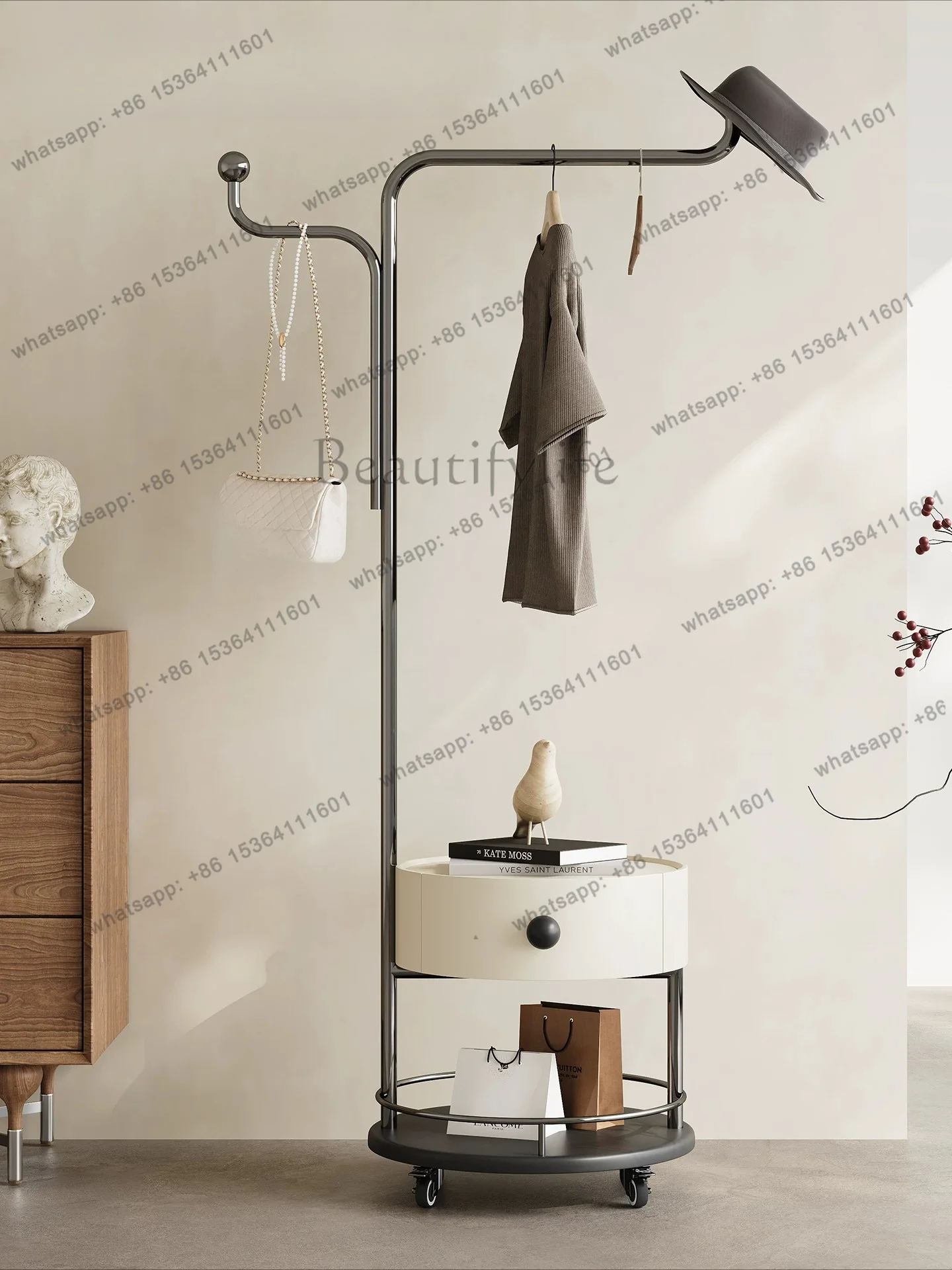 YJ Italian minimalist removable coat rack integrated bedside table stainless steel hanger