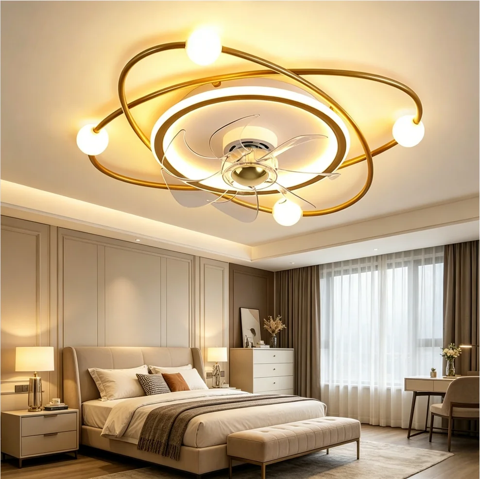 Deckenventilator mit Licht, 55 cm Leiser Deckenventilator mit Beleuchtung, Dimmbarer LED-Ventilator mit Fernbedienung und App für Wohnzimmer und Schlafzimmer, Gold