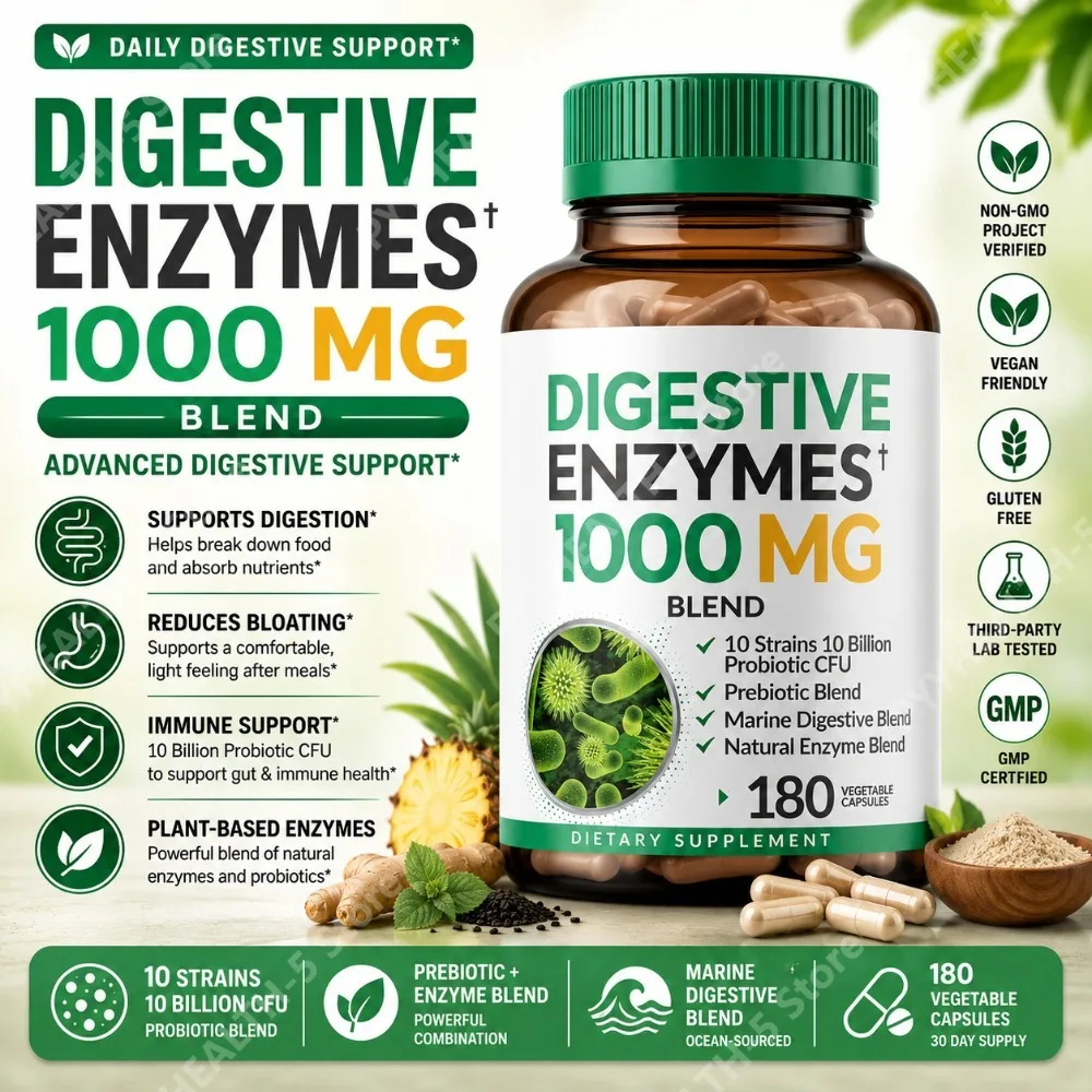 

Digestive Enzyme Supplement 180 Veg Capsules 1000mg Blend with Prebiotics Probiotics 10 Billion CFU Daily Nutrition Support