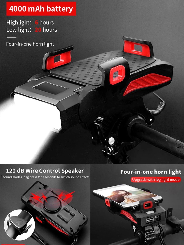 AliExpress Toptrek 1PCS 4-in-1 Mobile Phone Holder Headlight Horn Convenient Portable Bicycle USB Charging Light