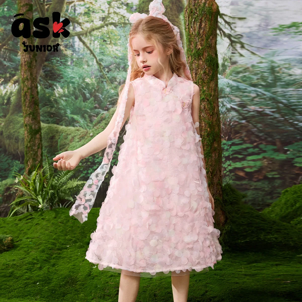 فستان ASK Junio RGirls ثلاثي الأبعاد مطرز لطيف بياقة واقفة بدون أكمام #3