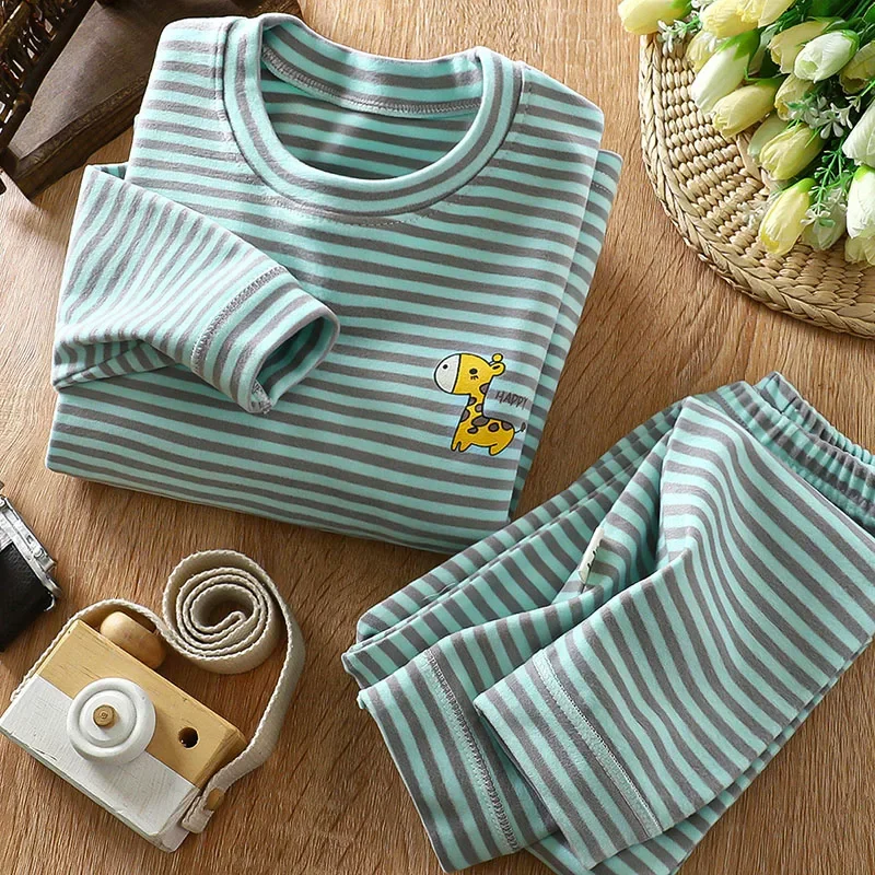 New Autumn Winter Kids Pajamas Set Pullover Striped Thermal Children Sleepwear Sets Children Clothing Baby Long Johns Set