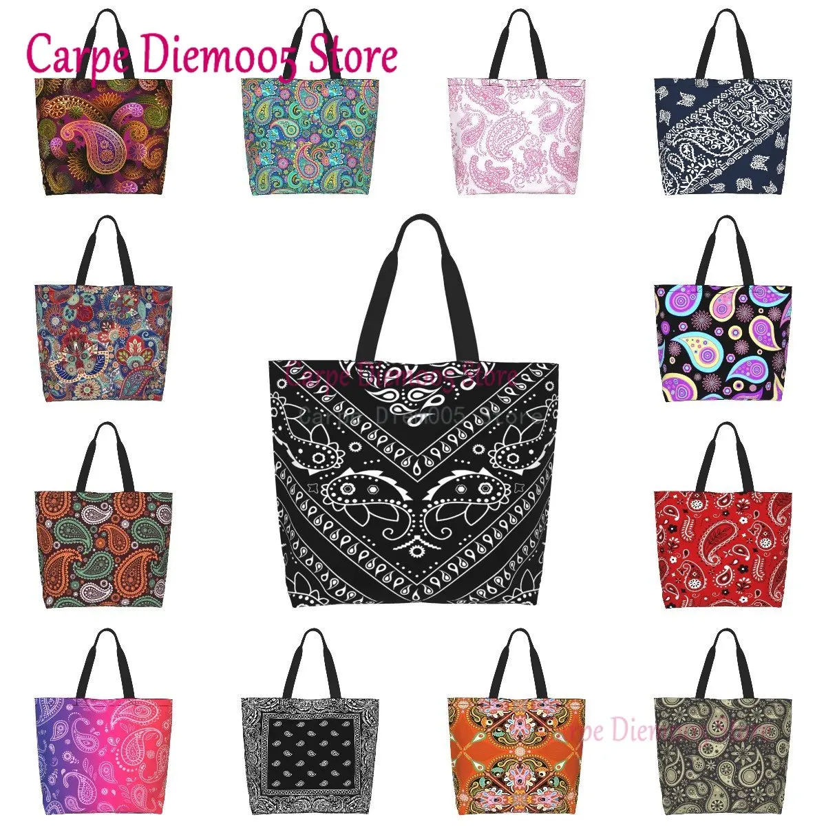 Black And White Paisley Chicano Bandana Style Large Capacity Shopping Grocery Tote Bag For Ladies