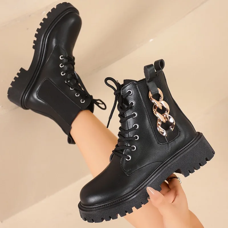

2025 New Shoes for Women Autumn Fashion Platform Lace Up Comfortable Warm Short Boots Casual Women Flats Ankle Boots