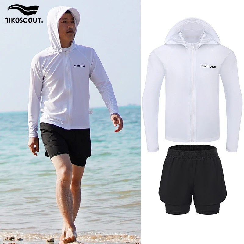Men's Swimsuit Top Long-Sleeved Hooded Sun Protection Quick Drying Youth Surfing Beach 2026 Summer Split Swimsuit