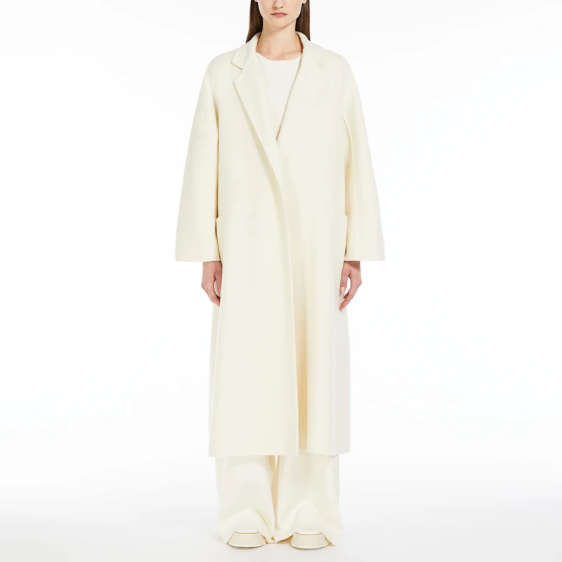 Customizable White Women's Wool Coat - Double-Sided Knee-Length Cashmere Blend Elegant Style