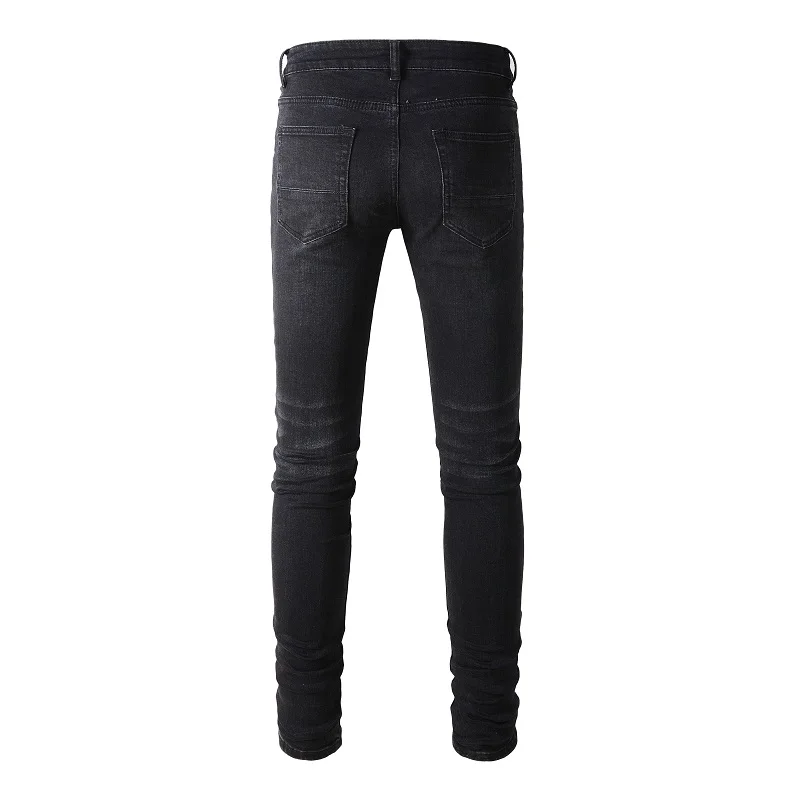 Men's Black Distressed Bandanna Patchwork Holes Repaired Skinny Stretch Moustache Slim Fit Ripped Jeans Men