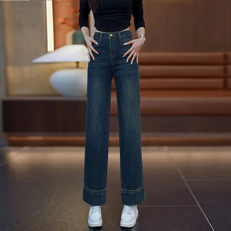 Spring and autumn vintage jeans women's nine-minute straight leg shorts small high-waisted narrow version of wide-leg pants