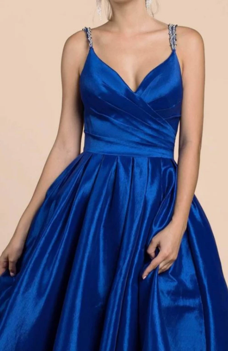 

A-Line V-Neck Pleated Evening Gown Sleeveless Dual Spaghetti Straps Open Back Full Length Prom Dress