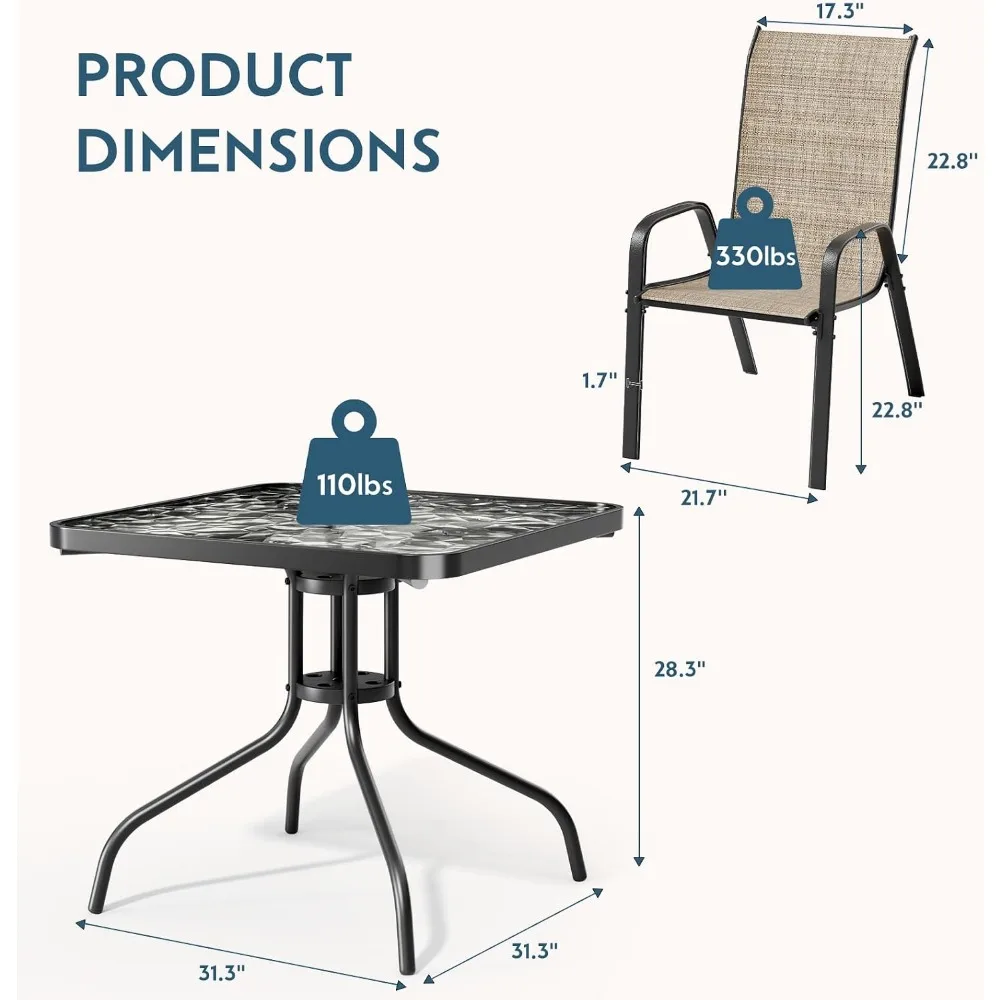 5-Piece Outdoor Patio Dining Set: Glass Table, Stackable Textilene Chairs, All-Weather for Backyard and Poolside Use
