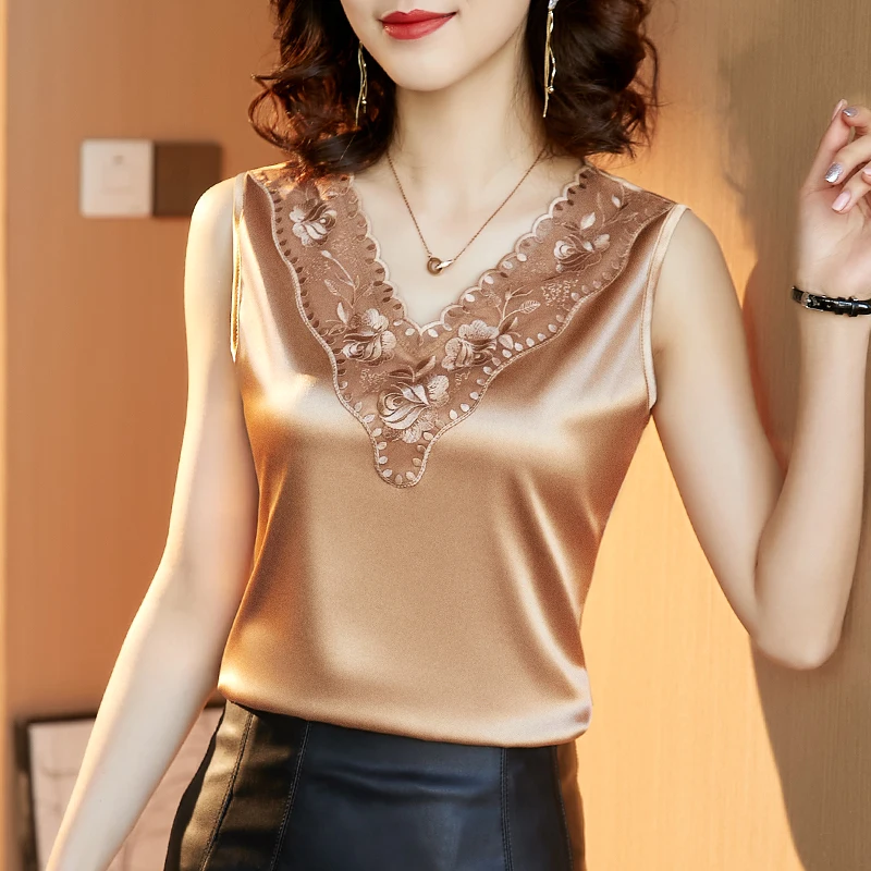 

Satin Blouse Women Embroidery V-neck Sexy Blouses Silk Sleeveless Women Tops Cheap Women's Clothing OL Basic Tank Top Lace Shirt