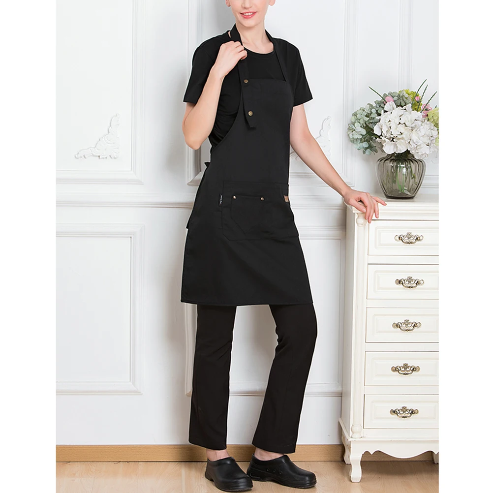 

Canvas Halter Apron Adjustable Cooking Kitchen Pockets Black Barbecue Restaurant Cafe Serving Halter Apron