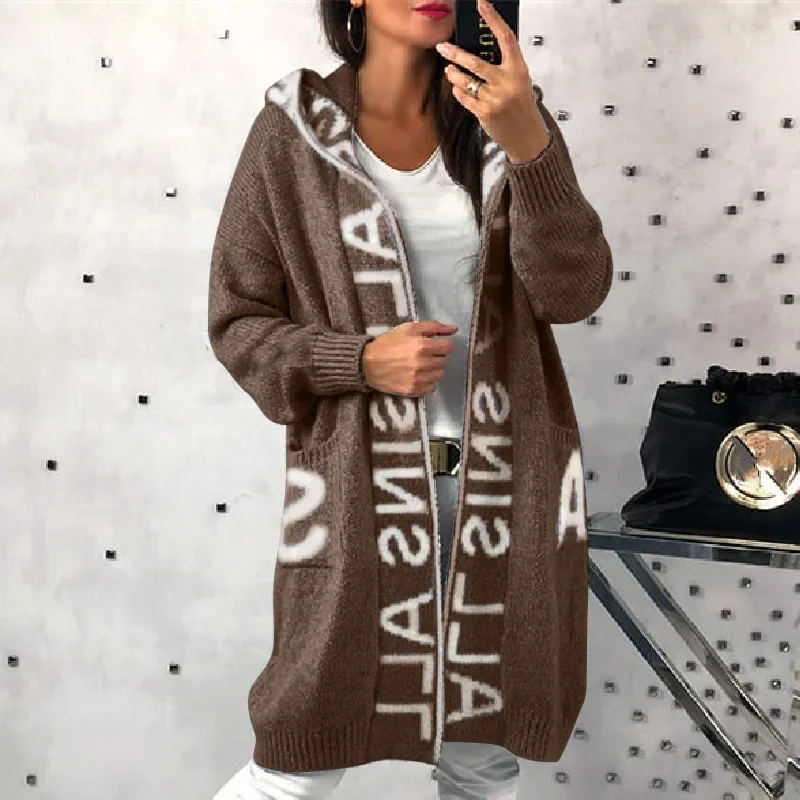 Cardigan Hooded Knit Sweater for Women Casual Hooded Long Coats Fashion Autumn Winter Long Sleeve Sweater Vintage Chic Warm Tops