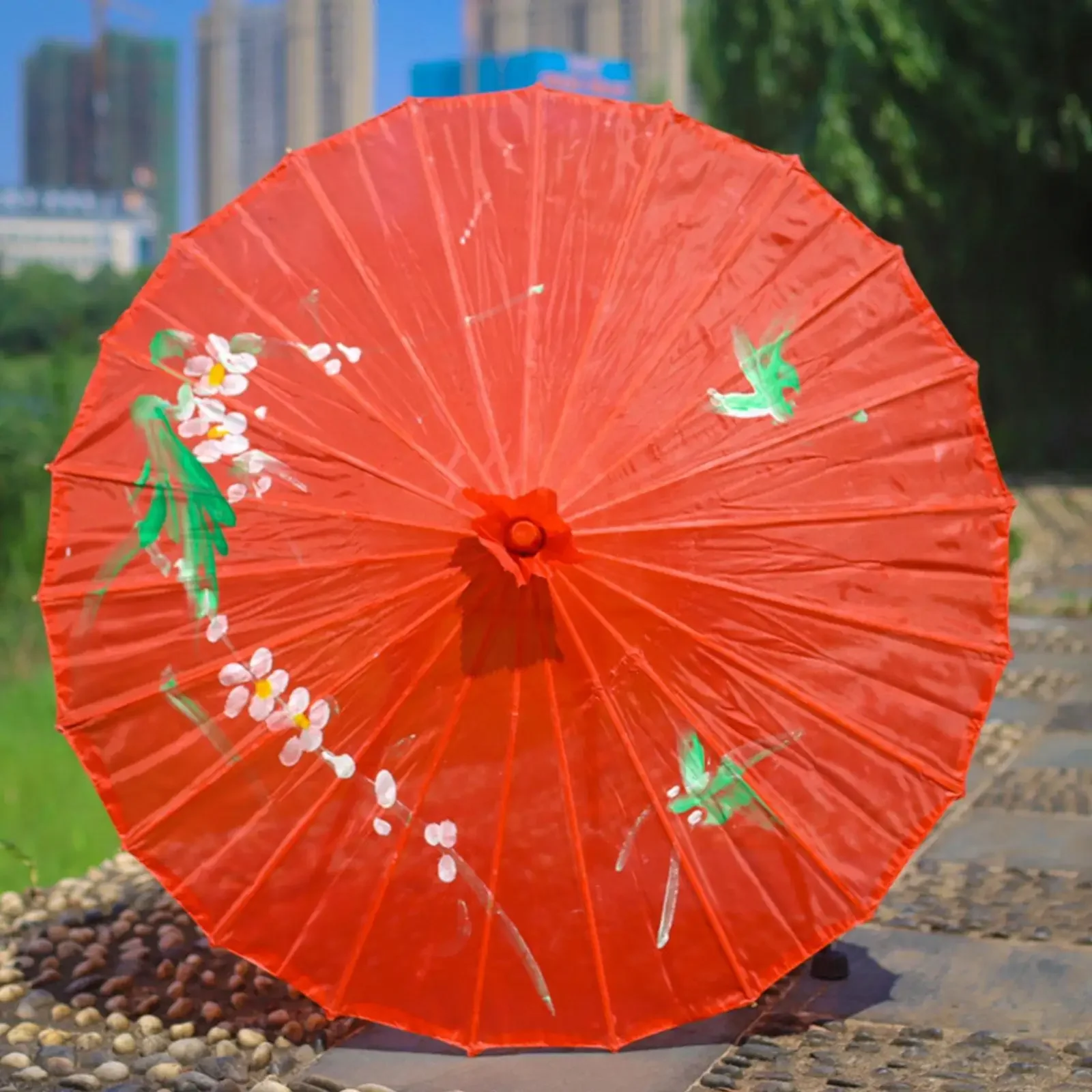 Vintage Chinese Silk Oil Paper Umbrella Red Flower Oil Paper Umbrella Bamboo Handle Wedding Decor Photo Parasol Dance Props Red