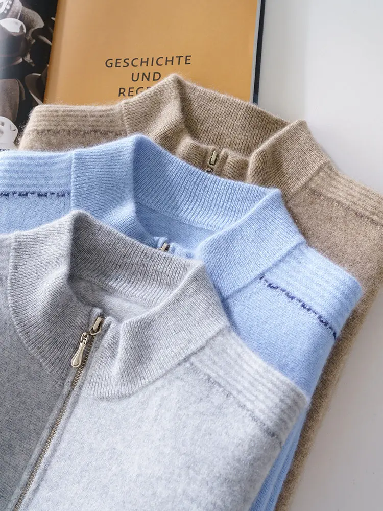 100% Australian wool sweater color matching half-height zipper neck thickened sweater business casual cashmere knitted bottoming