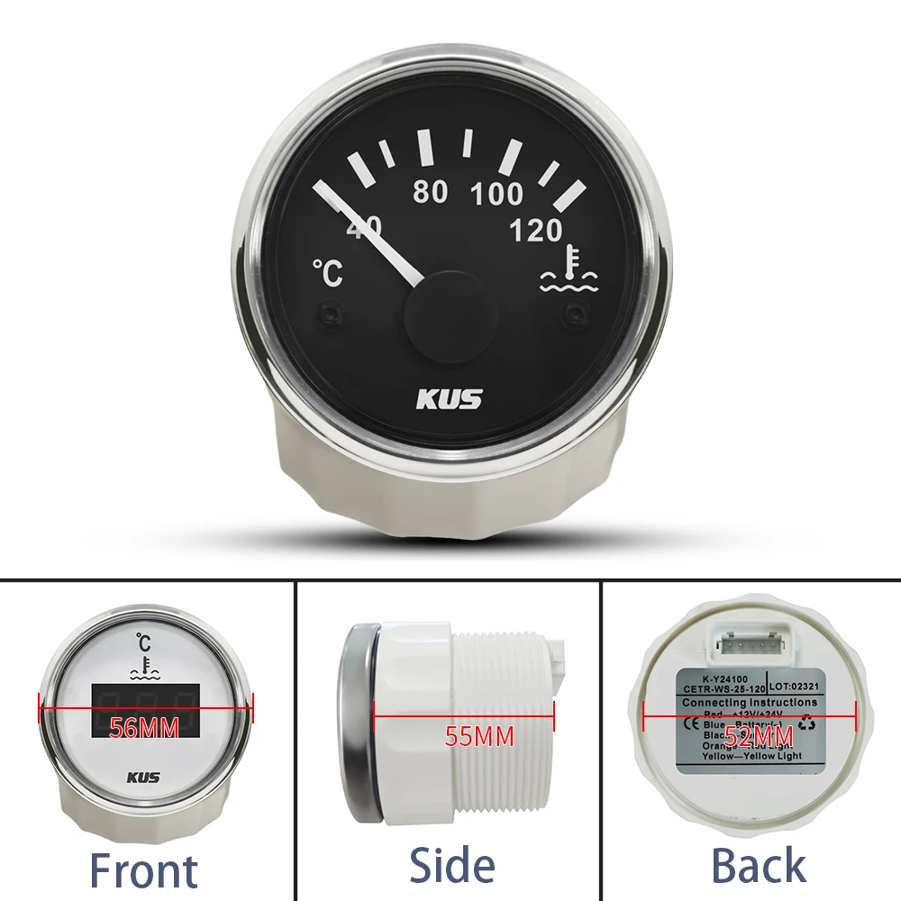 KUS 52mm Digital Waterproof Water Temperature Gauge Indicator Meter 40-120℃ 25-120 Degree with Backlight 12V 24V for Yachts Car