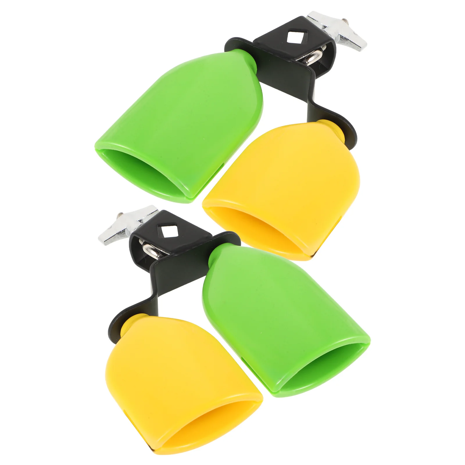 1 paio di campanelli in plastica per tamburi, tono alto e basso, kit di percussioni, verde giallo, accessori per strumenti musicali durevoli, campanelli per set di batteria