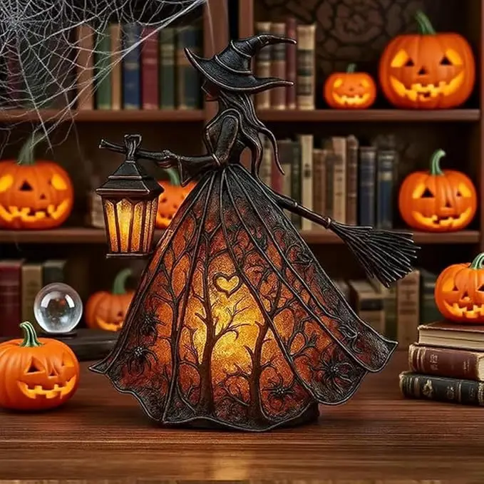 Witch Resin Tabletop Night Light with USB Powered Glow Halloween Decor for Goth Party Table Mantel Shelf Horror Movie Night view 4