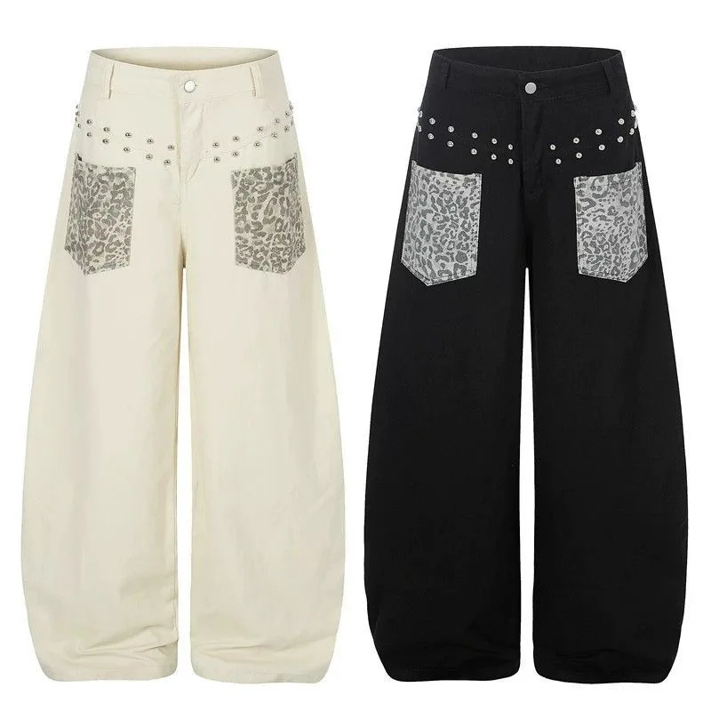 Leopard Splicing Rivet Loose Jeans Women Autumn New American Retro High Street Wide Leg Jeans