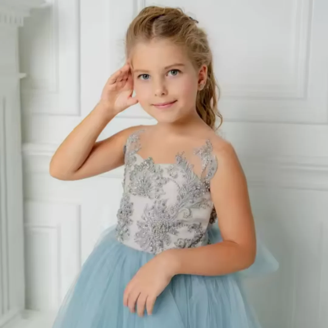 

Blue Flower Girl Dress for Girls, Fitted Waist with Crystal Bead Applique Sheer Open Back Puff Dress Suitable for Weddings