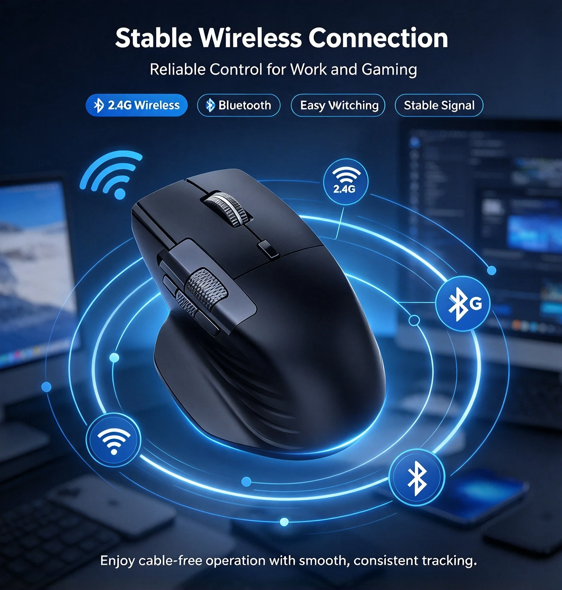 Wireless 2.4G Bluetooth Tri-Mode Rechargeable Mouse DPI Adjustable Office Slient Ergonomic Optical Mouse For PC Computer Laptop