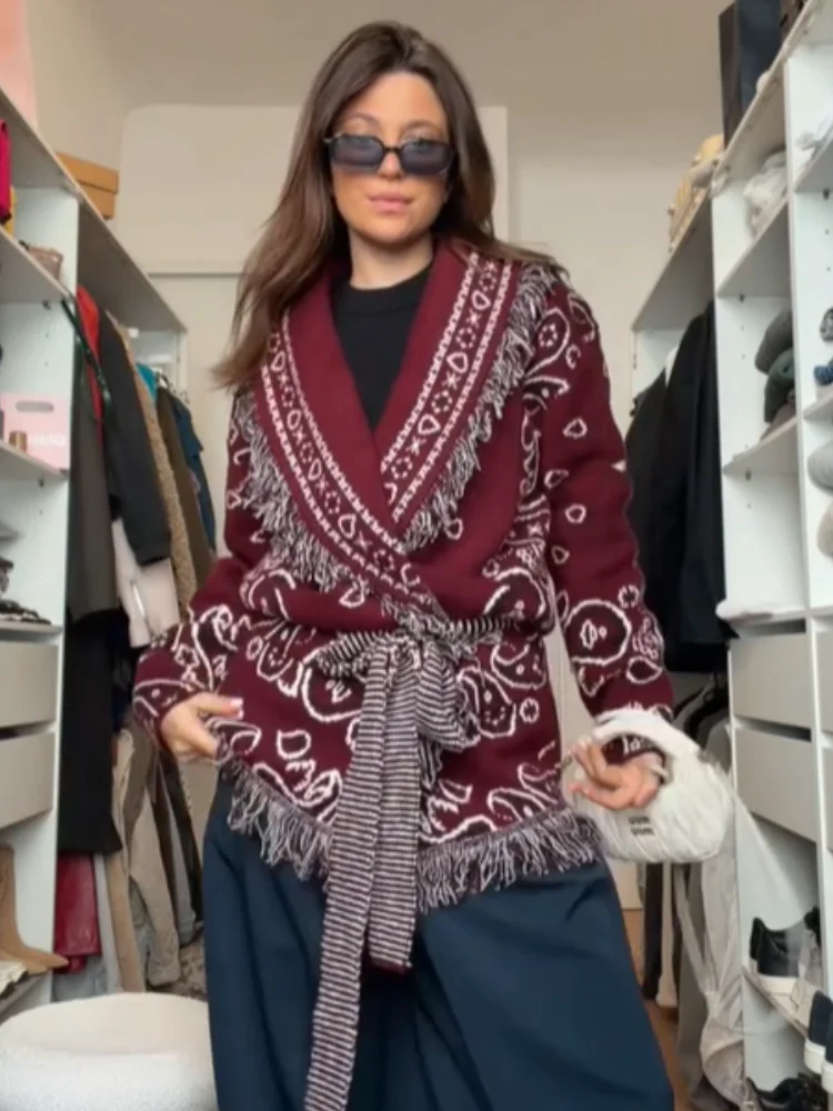 

Chic Knitted Cardigan for Women Lace Up V-neck Patchwork Long Sleeve Knitwear 2026 Spring Fashion New Streetwear Woman Clothes