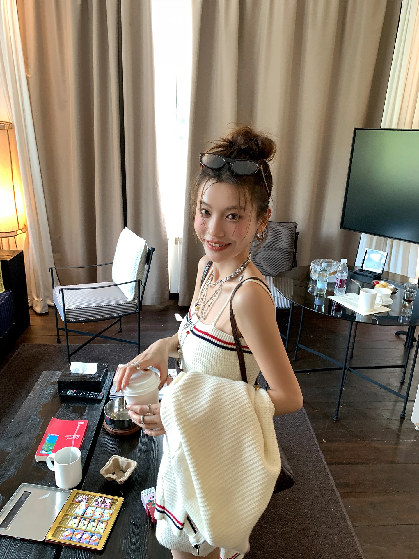 

DULA Good Home Color Blo Knitted Cardigan Outerwear Women's Autumn Strap ort Skirt Tee Piece Set Sweet Sle Loose Fit