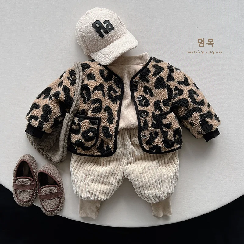 Autumn Winter Children Jackets 1-8Y Girls Thick Warm Fleece Leopard Casual Coats Korean Toddler Outerwear Kids Clothing 2024 New