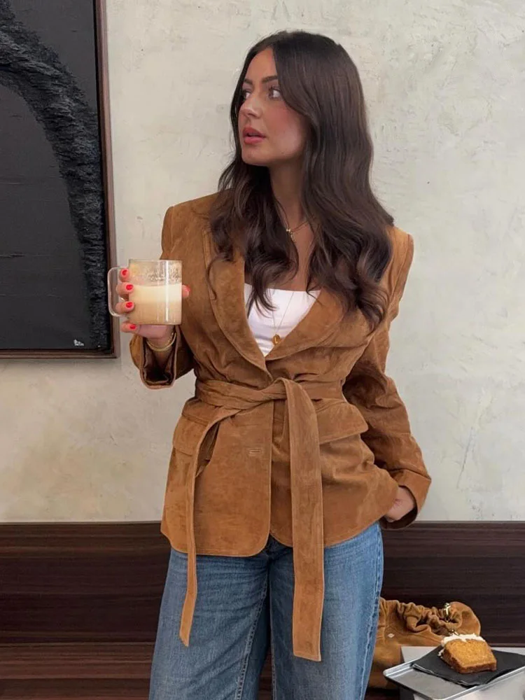 HH Women's Fashion Jacket Solid Turn-Down Collar Long Sleeves Lace-Up Decoration Pockets Button Female Autumn Casual Coats