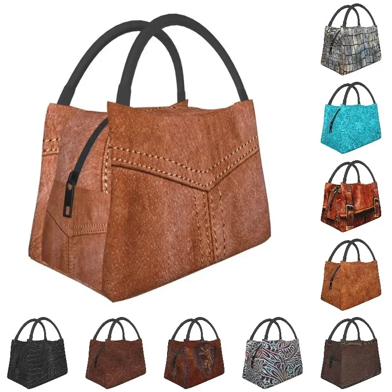 Brown Leather Texture Print Portable Lunch Box for Women Multifunction Medieval Style Cooler Thermal Food Insulated  Bag