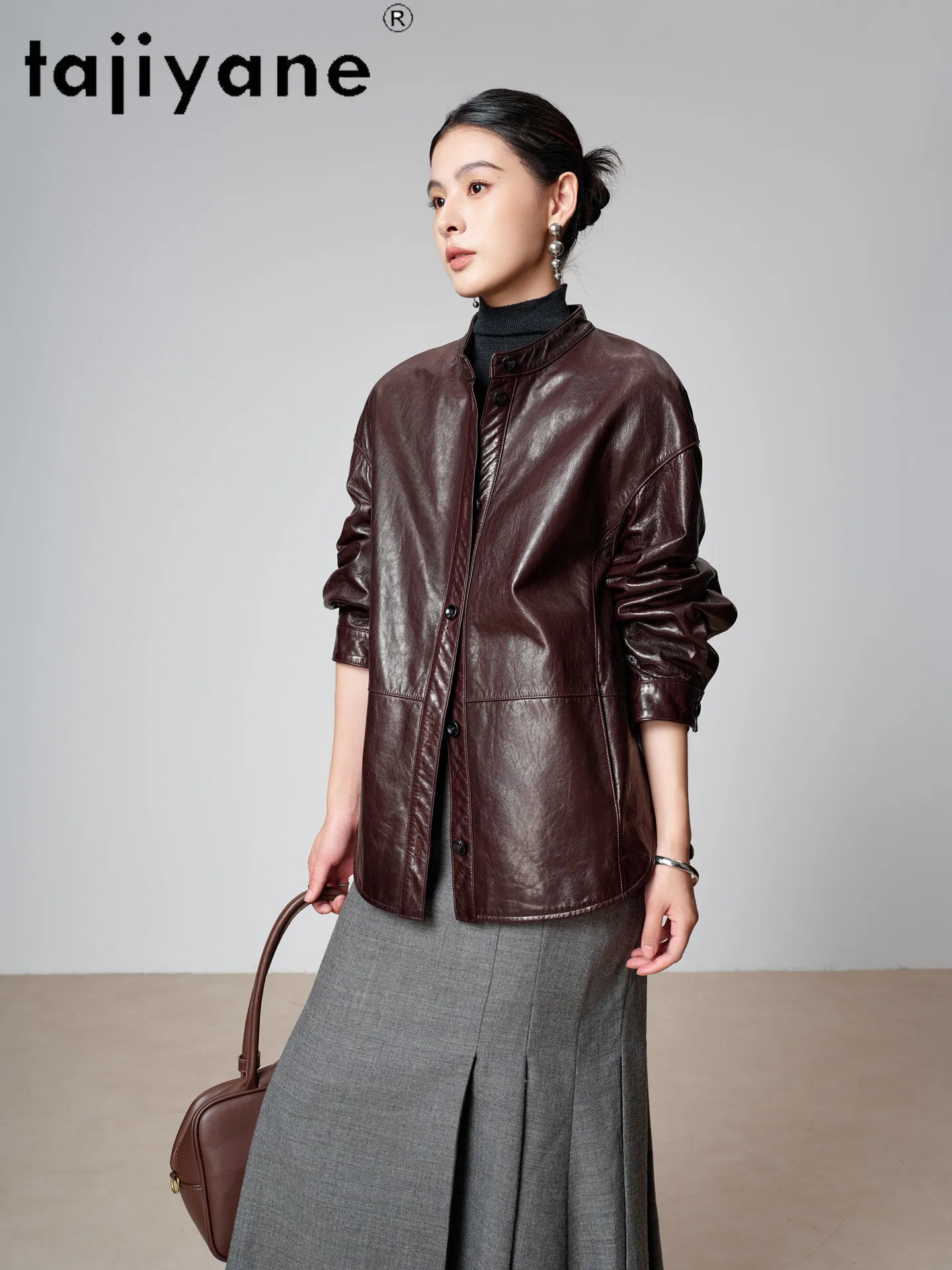 TAJIYANE Oil-Waxed Goatskin Leather Coat Women Mid‑Length Loose Coats New Autumn Genuine Leather Jacket Woman Clothing 2026 가죽자켓
