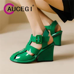 Aucegi Fashion Rome Style Gladiator Sandals Women Party 2024 Summer Wedges High Heels Round Toe Buckle Strap Banquet Shoes