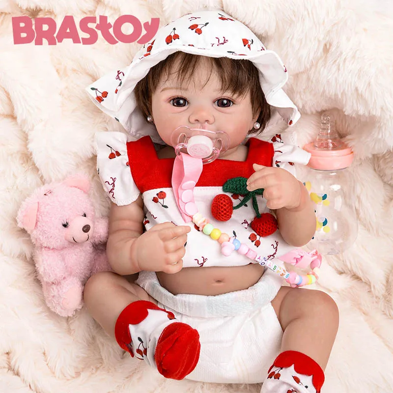 BRASTOY Boneca Bebê Reborn Pintada Realista Menina 48cm Corpo de Silicone Com Olhos Castanhos ,Enviado do Brasil